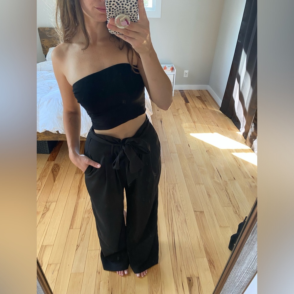 Flared dress pants with tie belt